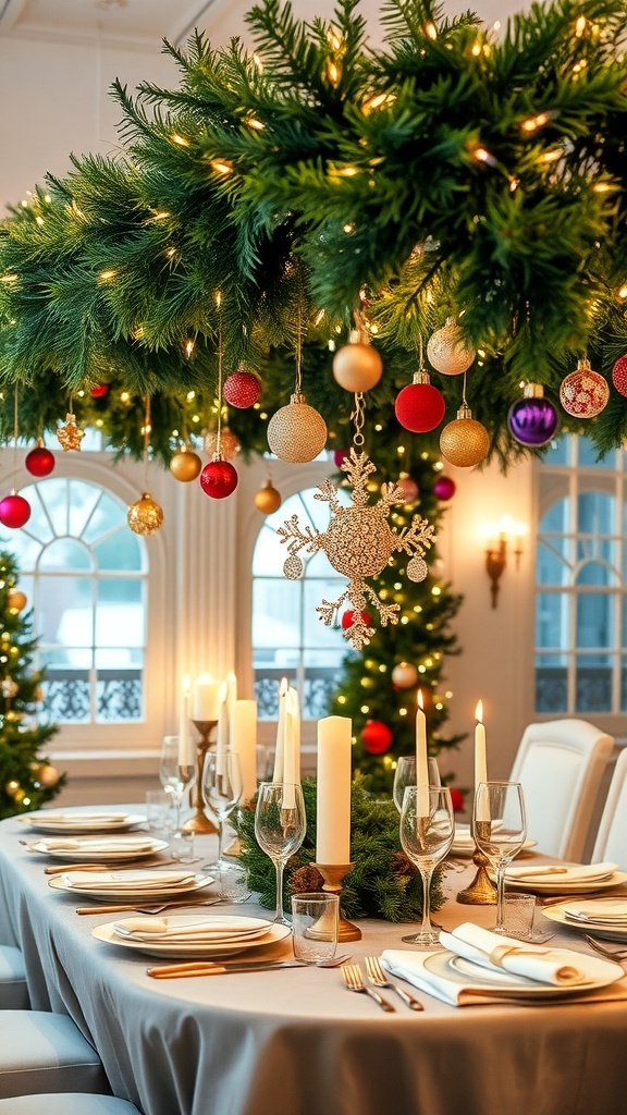 A festive Christmas table with hanging decorations, string lights, and ornaments, creating a warm holiday atmosphere.